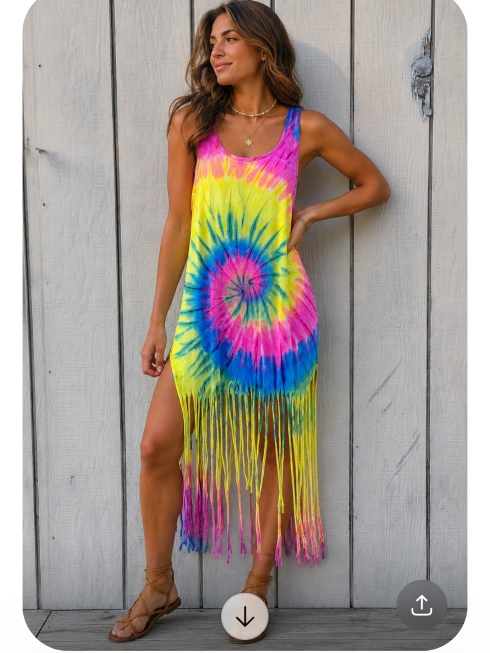 Exist Tie-Dye Fringe Swim Coverup Tank Dress Yellow Pink Blue Boho Beach Hippie